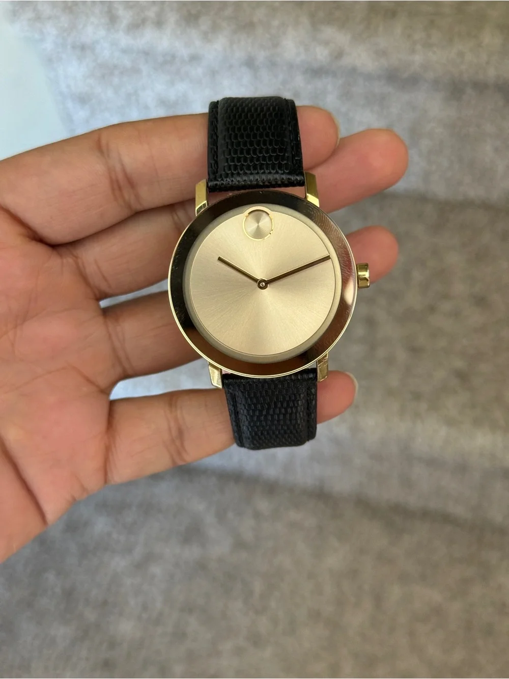 Movado bold Elegant Gold Dial Men's Watch with Black Leather Strap